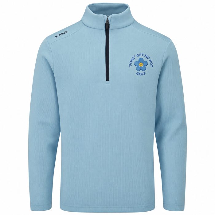 Sky blue PING Ramsey quarter-zip golf mid layer with Fore Get Me Not floral chest embroidery, front view.