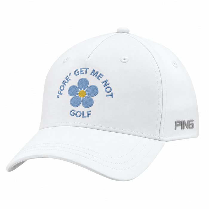 PING Fore Get Me Not golf hat in white with blue floral embroidery and side PING logo, front view.