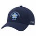 PING Fore Get Me Not golf hat in navy, featuring a light blue flower embroidery and side PING branding, side view.