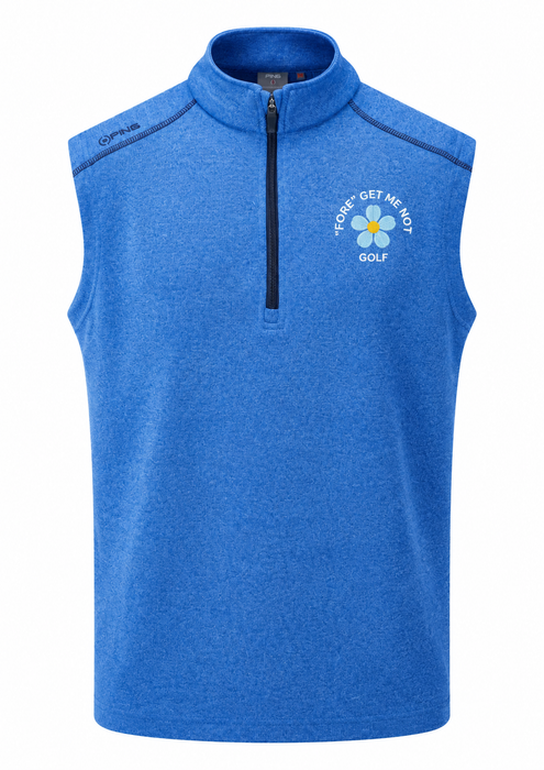 PING Ramsey men's golf vest in snorkel blue, front view with quarter-zip neck and floral chest embroidery.