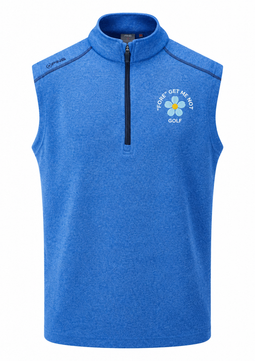 PING Ramsey men's golf vest in snorkel blue, front view with quarter-zip neck and floral chest embroidery.