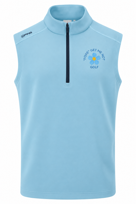 PING Ramsey men's sky blue golf vest, front view with quarter-zip neck and embroidered floral logo detail.