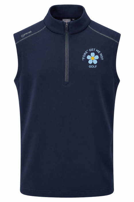 PING Ramsey men's navy golf vest, front view featuring a quarter-zip neck and Fore Get Me Not floral chest embroidery.