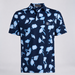 A short-sleeve G/FORE Ghost Floral Tech Jersey Men's Golf Polo Shirt, featuring a navy blue base with a light blue abstract floral pattern. The shirt has a three-button placket and a small circular embroidered logo on the left chest.