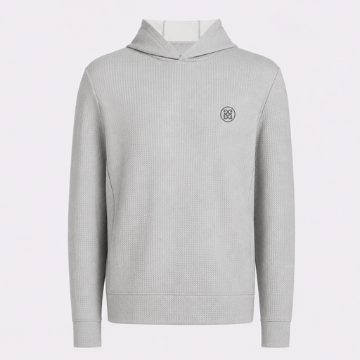 A light grey waffle-knit G/FORE Pebble Quilted Men's Golf Hoodie with a small black circular logo on the left chest, displayed on a clean white background.