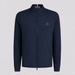 A navy blue G/FORE Storm Fleece Hybrid Men's Golf Jacket stand-up collar, featuring a subtle tonal embroidered logo on the left chest and a small pink accent tab inside the collar, shown against a light grey background.