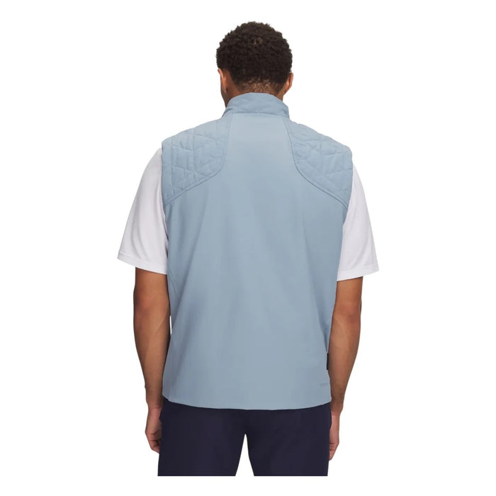 Back view of a light blue Under Armour Drive Pro insulated golf gilet with quilted shoulder detailing.