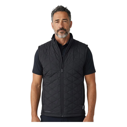 Front view of a black Under Armour Drive Pro insulated golf gilet featuring a quilted design and zip-up collar.