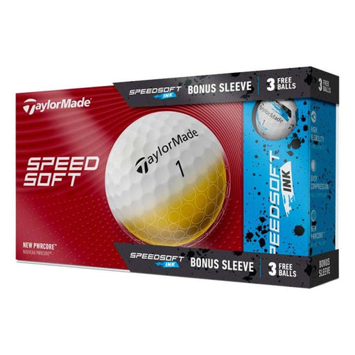 TaylorMade SpeedSoft 15 ball pack box in red and blue, featuring a white golf ball with yellow fade and ink branding.