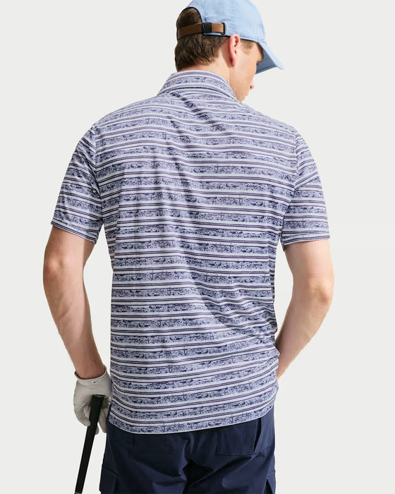 Back view of a Nike Par Men's Dri-FIT striped golf polo shirt in blue and white with a landscape print pattern.