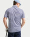 Back view of a Nike Par Men's Dri-FIT striped golf polo shirt in blue and white with a landscape print pattern.