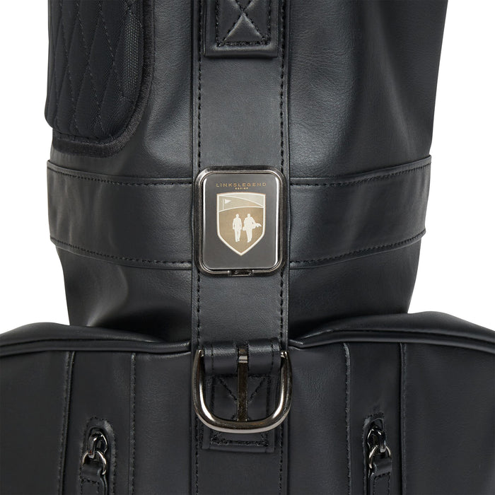 Titleist LINKSLEGEND Carry Golf Bag in black, close up of custom metal plate