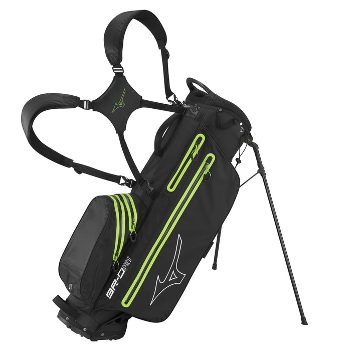 Mizuno BR-DRI waterproof golf stand bag in black and green, side view showing shoulder straps and zipped pockets.