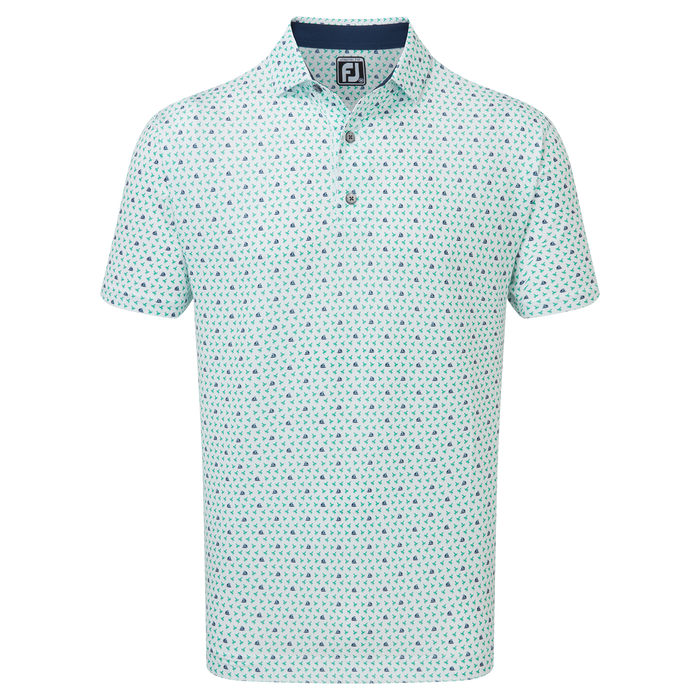 FootJoy Flying Wasp Print Lisle Golf Polo Shirt - White/Emerald/Navy