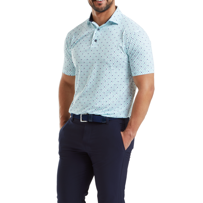 FootJoy Flying Wasp Print Lisle Golf Polo Shirt - White/Emerald/Navy