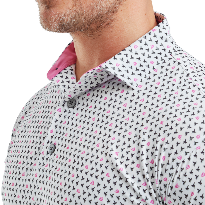 FootJoy Flying Wasp Print Lisle Golf Polo Shirt - White/Black/Pink