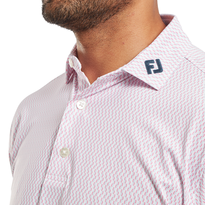 FootJoy Wiggle Print Lisle Golf Polo Shirt - White/Skyway/Pink Lemonade