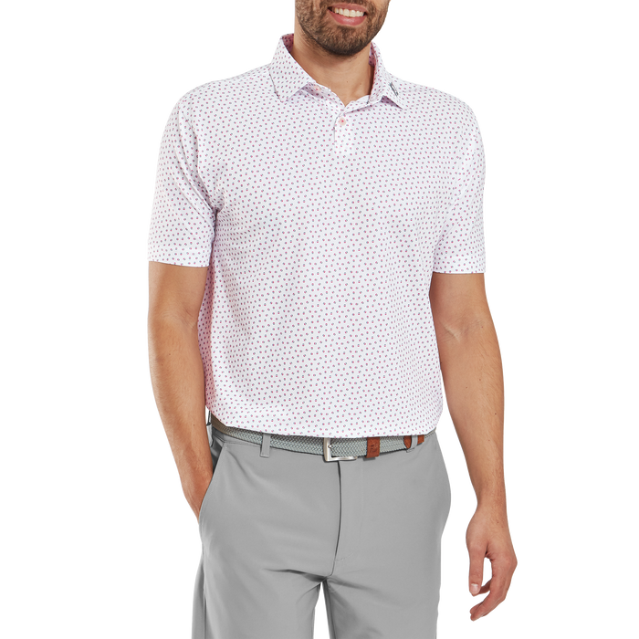 FootJoy Bounce Print Pique Golf Polo Shirt - White/Hibiscus/Flint