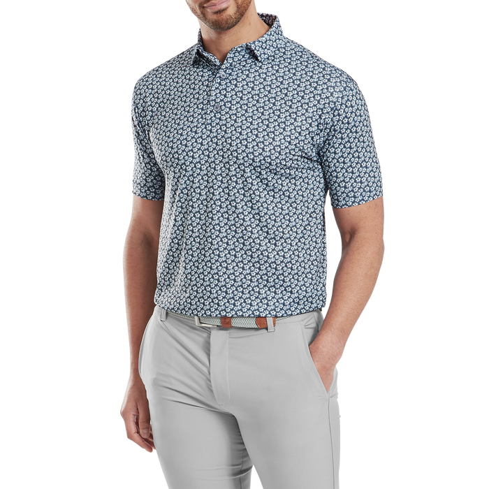 FootJoy Floral Sketch Print Lisle Golf Polo Shirt - White/Navy