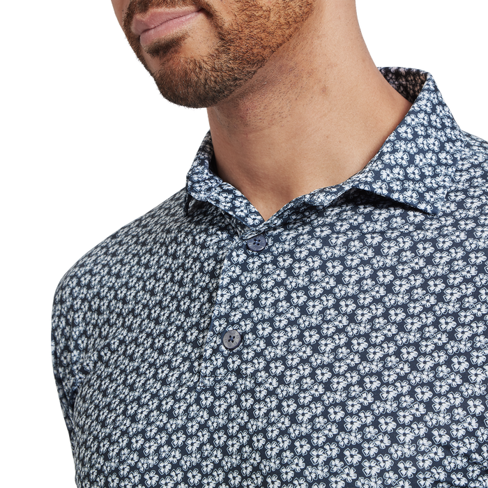 FootJoy Floral Sketch Print Lisle Golf Polo Shirt - White/Navy