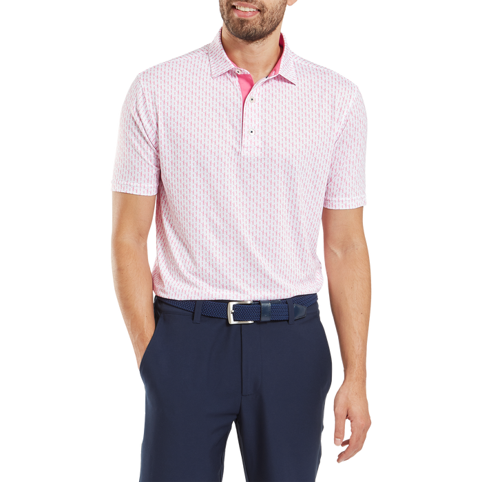 FootJoy Figure Print Lisle Golf Polo Shirt - White/Pink Lemonade