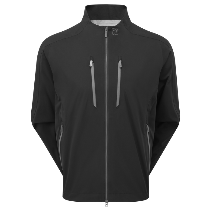 Front view of a black FootJoy ARCUS waterproof golf jacket featuring a full-length zip and two chest pockets.