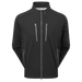 Front view of a black FootJoy ARCUS waterproof golf jacket featuring a full-length zip and two chest pockets.