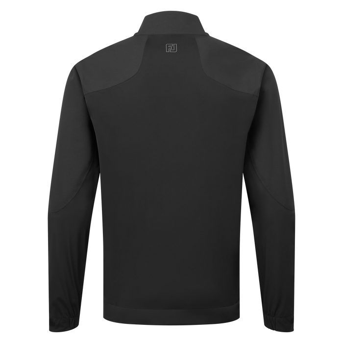 Back view of a black FootJoy ARCUS waterproof golf jacket with a high collar and subtle FJ logo detail.
