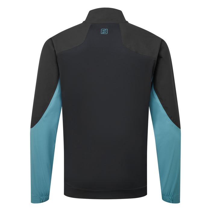 Back view of FootJoy ARCUS waterproof golf jacket in black and teal with a high collar and FJ logo detailing.