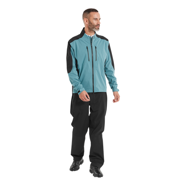 FootJoy ARCUS men's waterproof golf jacket in teal and black, featuring a full-zip front and high collar, front view.