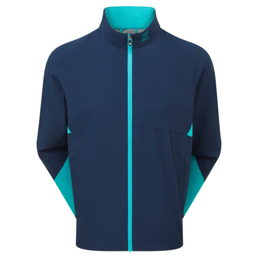 front of the FootJoy HydroLite X Waterproof Golf Jacket in navy and blue showing full zip