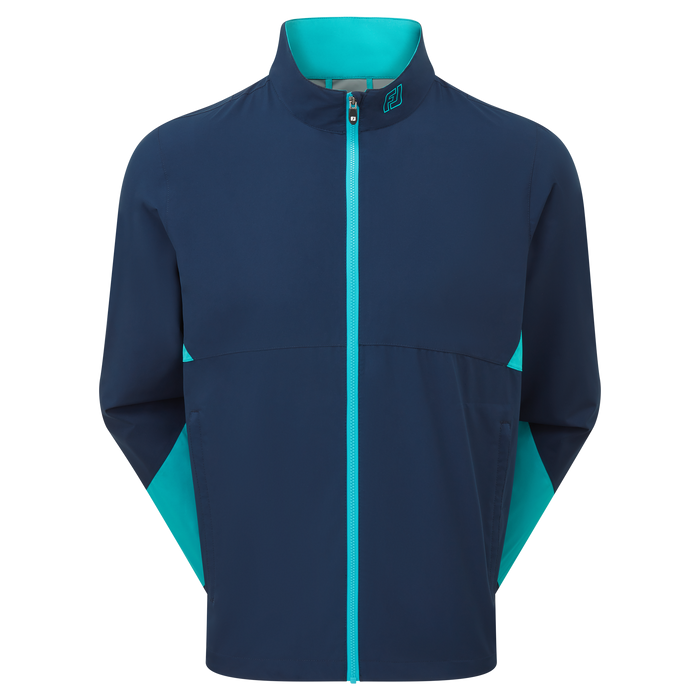 front of the FootJoy HydroLite X Waterproof Golf Jacket in navy and blue showing full zip