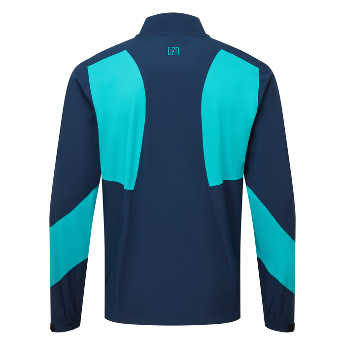 back of the FootJoy HydroLite X Waterproof Golf Jacket in navy with bright blue back panels