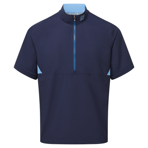 front of FootJoy Hydrolite X Golf Rain Shirt in navy and blue without sleeves