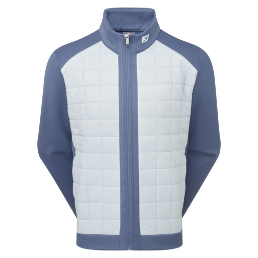A FootJoy ThermoSeries Lightweight Insulated Jacket. Zip-up jacket with a white quilted centre panel and slate blue sleeves, collar, and hem, featuring a small white FootJoy logo on the chest.