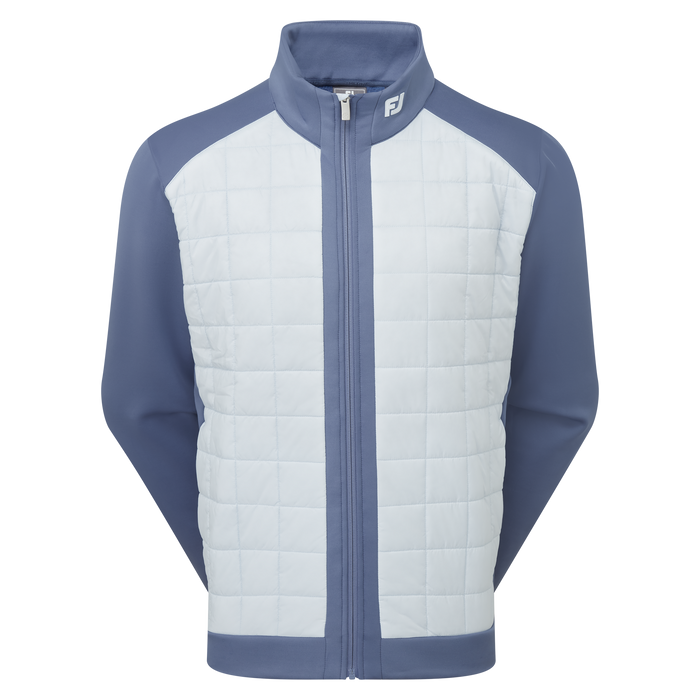 A FootJoy ThermoSeries Lightweight Insulated Jacket. Zip-up jacket with a white quilted centre panel and slate blue sleeves, collar, and hem, featuring a small white FootJoy logo on the chest.