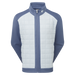 A FootJoy ThermoSeries Lightweight Insulated Jacket. Zip-up jacket with a white quilted centre panel and slate blue sleeves, collar, and hem, featuring a small white FootJoy logo on the chest.