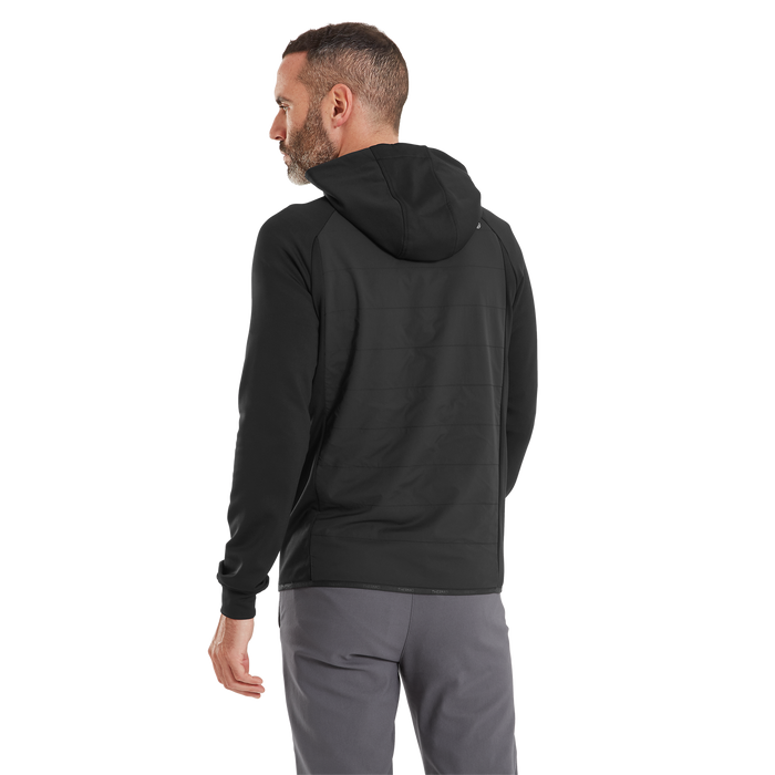 Back view of a black FootJoy ThermoSeries Hybrid men's golf hoodie with a quilted back panel and hood.