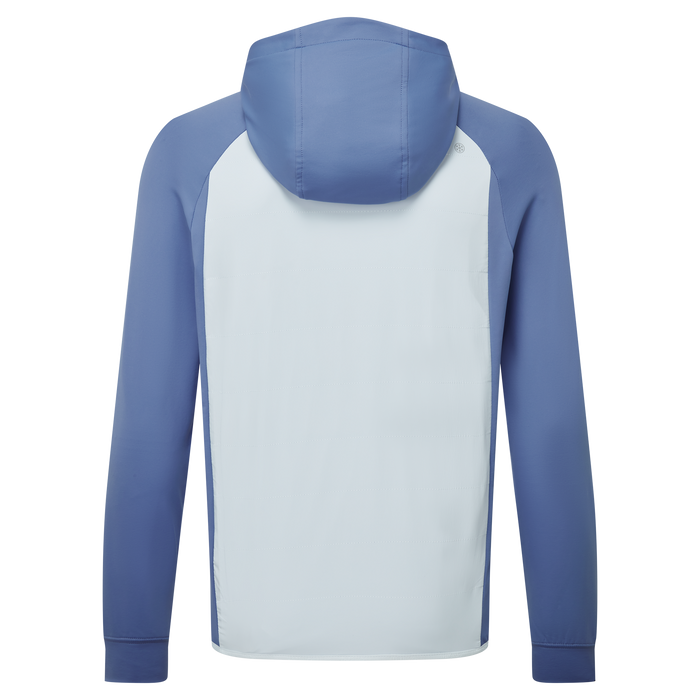 back of the FootJoy ThermoSeries Hybrid Men's Golf Hoodie in light blue with navy sleeves and hood
