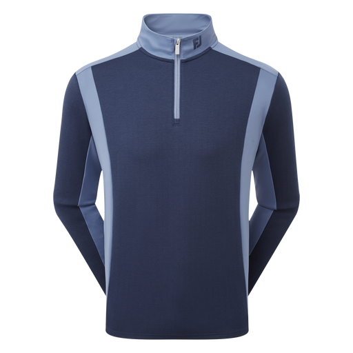A men's long-sleeve quarter-zip athletic pullover in navy blue with light blue panels on the shoulders, sides, and collar. A small FootJoy logo is visible on the left chest.