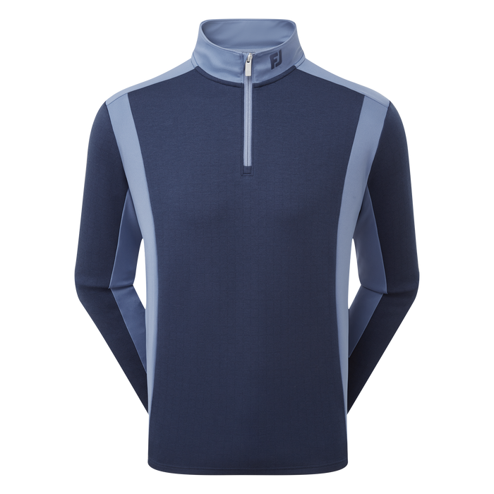 A men's long-sleeve quarter-zip athletic pullover in navy blue with light blue panels on the shoulders, sides, and collar. A small FootJoy logo is visible on the left chest.