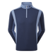 A men's long-sleeve quarter-zip athletic pullover in navy blue with light blue panels on the shoulders, sides, and collar. A small FootJoy logo is visible on the left chest.