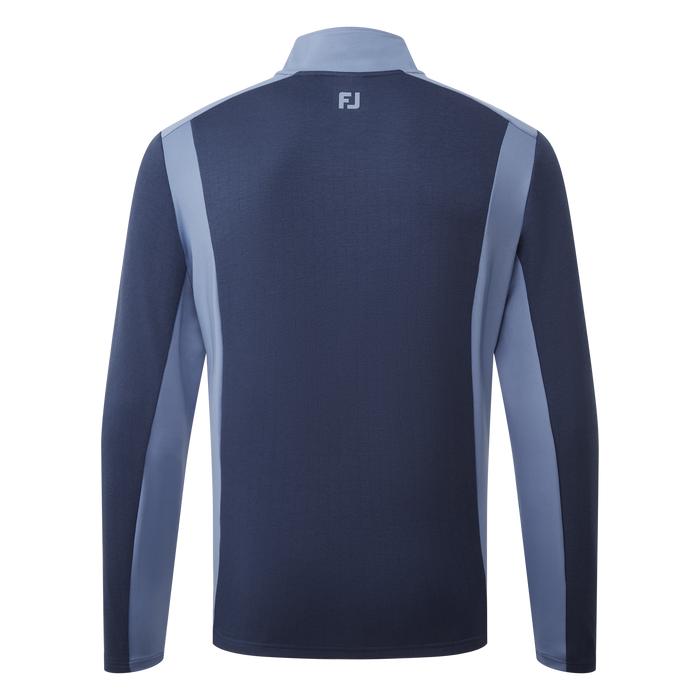 A long-sleeve athletic quarter-zip pullover shown from the back, featuring a navy blue body with light blue-grey shoulder and sleeve panels, and a small white 'FJ' logo on the upper back.