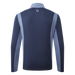 A long-sleeve athletic quarter-zip pullover shown from the back, featuring a navy blue body with light blue-grey shoulder and sleeve panels, and a small white 'FJ' logo on the upper back.