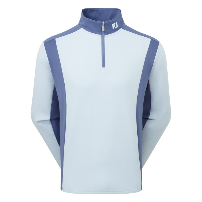 A long-sleeve quarter-zip athletic top in light blue and slate blue, featuring a mock neck collar with a white 'FJ' logo on the chest, shown on a plain white background.