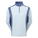 A long-sleeve quarter-zip athletic top in light blue and slate blue, featuring a mock neck collar with a white 'FJ' logo on the chest, shown on a plain white background.
