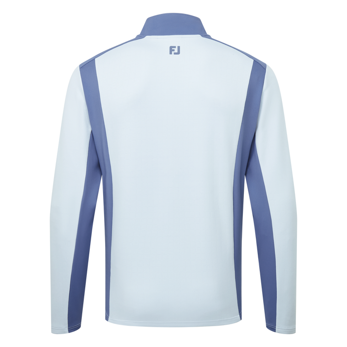 Back view of a FootJoy ThermoSeries Blocked Golf Midlayer a long-sleeve athletic quarter-zip jacket in white and mist blue, featuring a high collar, a small 'FJ' logo on the upper back, and blue side panels, shown on a solid white background.