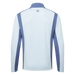 Back view of a FootJoy ThermoSeries Blocked Golf Midlayer a long-sleeve athletic quarter-zip jacket in white and mist blue, featuring a high collar, a small 'FJ' logo on the upper back, and blue side panels, shown on a solid white background.