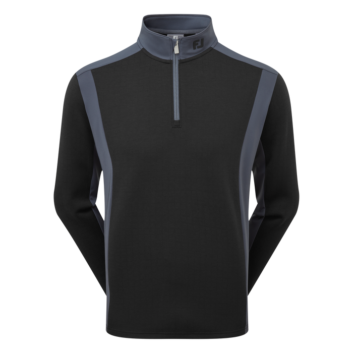 A men's quarter-zip pullover sweater in black with dark grey colour-blocked shoulder and side panels, featuring a stand collar and a small visible FJ logo on the inner neck label.