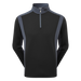 A men's quarter-zip pullover sweater in black with dark grey colour-blocked shoulder and side panels, featuring a stand collar and a small visible FJ logo on the inner neck label.
